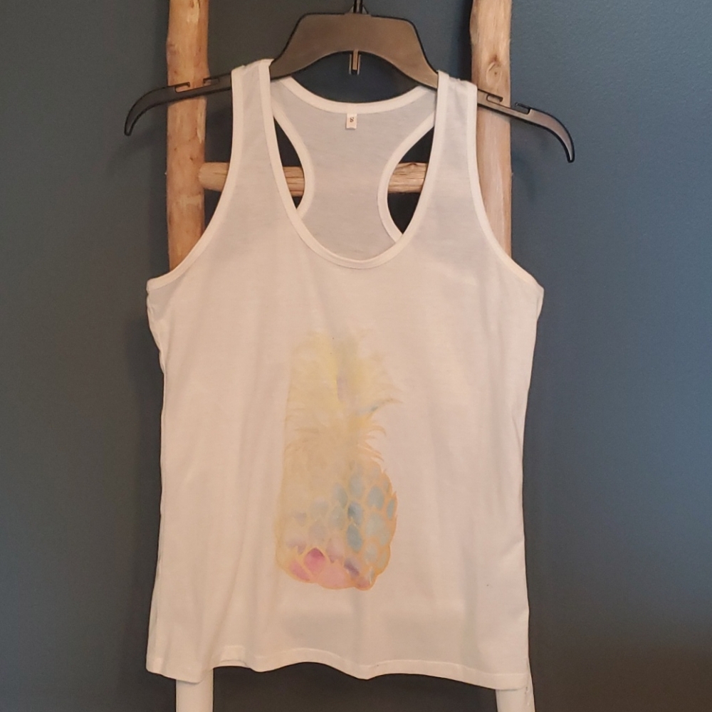 white racerback tank top with a pineapple graphic. Small
